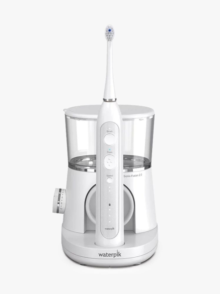 Waterpik Sonic Fusion 2.0 Flossing Toothbrush in branded component on a light gray background
